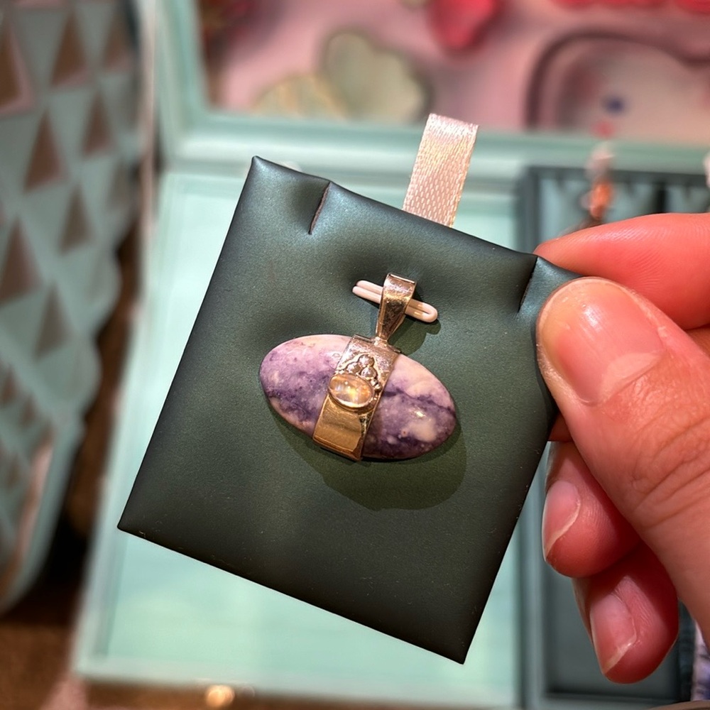 Violet flame opal and moonstone pendant